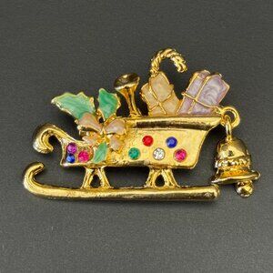 Vintage Gold Tone Sleigh W/ Holly Candy Cane Presents & Bell Christmas Brooch Pi